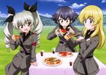  absurdres anchovy anzio_military_uniform carpaccio cheese_trail cup drinking_glass eating food girls_und_panzer highres holding_pizza military military_uniform multiple_girls necktie official_art pepperoni_(girls_und_panzer) pizza plate table twintails uniform 