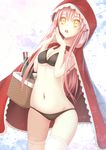 :o basket bikini black_bikini bottle cowboy_shot fingers_together highres koyaya lace lace-trimmed_thighhighs little_red_riding_hood long_hair looking_at_viewer original pink_hair red_hood solo swimsuit thighhighs wine_bottle yellow_eyes 