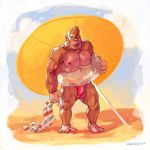  2015 5_fingers 5_toes abs anthro ape beach biceps blue_sky brown_fur bulge clothed clothing cloud day digital_media_(artwork) digital_painting_(artwork) float front_view full-length_portrait fur gorilla male mammal muscular muscular_male nipples orange_eyes outside panfrotto pecs portrait prehensile_feet primate sand seaside signature sky solo speedo standing swimsuit toes topless towel umbrella 