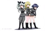  absurdres anchovy anzio_military_uniform carpaccio girls_und_panzer grey_hair grin highres long_hair military military_uniform multiple_girls official_art pepperoni_(girls_und_panzer) riding_crop short_hair simple_background smile smirk twintails uniform weapon white_background 