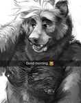  2016 anthro bear digital_media_(artwork) emoji english_text front_view greyscale hand_on_head jeniak male mammal monochrome nipple_piercing nipples nude open_mouth piercing selfie simple_background snapchat solo teeth text white_background 