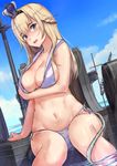  absurdres akasaai bad_id bad_twitter_id bikini bikini_pull blonde_hair blue_eyes blue_sky blush breast_hold breasts cleavage cloud cosplay crown day dutch_angle enemy_naval_mine_(kantai_collection) hair_between_eyes hairband highres kantai_collection large_breasts long_hair looking_at_viewer mini_crown navel open_mouth outdoors sailor_bikini sailor_collar side-tie_bikini sitting sky soaking_feet solo swimsuit tentacles warspite_(kantai_collection) wet white_bikini z3_max_schultz_(kantai_collection) z3_max_schultz_(kantai_collection)_(cosplay) 