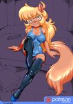  2016 anthro blonde_hair callie_briggs camel_toe cat clothed clothing eyelashes eyewear feline female footwear glasses green_eyes hair hi_res kandlin legwear long_hair looking_at_viewer mammal nipple_bulge patreon shoes smile solo speedo stockings swat_kats swimsuit 