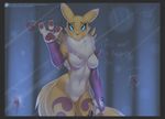  2016 anthro black_claws black_nose black_sclera blood blue_eyes breaking_the_fourth_wall breasts bridal_gauntlets canine claws crying dialogue digimon doomthewolf english_text featureless_breasts featureless_crotch female fox fur hi_res looking_at_viewer mammal markings mostly_nude navel patreon pawpads pink_pawpads purple_markings renamon signature solo tears text tuft white_fur wide_hips wounded yellow_fur 