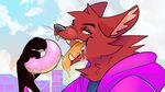  black_nose brown_fur canine cloud daflummify doughnut facing_viewer food fox fur male mammal open_mouth orange_tounge purple_background pyrocynical saliva simple_background 