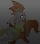  2016 bare_shoulders bottomless butt canine claws clothed clothing clothing_lift disney duo female fox fur green_eyes inner_ear_fluff judy_hopps kneeling lagomorph looking_at_viewer looking_back male mammal nick_wilde predator/prey puki purple_eyes rabbit shirt shirt_lift simple_background toe_claws topless zootopia 