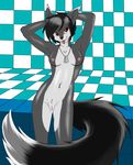  absurd_res annonymouse anthro armpits black_fox black_hair body_jewelry bra breasts canine clothing dog_tags fangs fox hair harumi_kizaku hi_res jewelry mammal nipples nude pussy red_eyes simple_background solo tongue underwear 