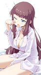  ;o blue_eyes breasts cleavage dress_shirt highres large_breasts long_hair mole mole_on_breast naked_shirt new_game! one_eye_closed partially_unbuttoned purple_hair rubbing_eyes shirt sitting solo takimoto_hifumi tears unbuttoned very_long_hair waking_up yawning zakoisuto 