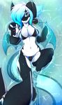  2016 anthro big_breasts bikini blue_eyes blue_hair breasts cetacean clothed clothing dragon fangs female floating hair high-angle_view hybrid looking_at_viewer mammal marine orca outside partially_submerged penelope rainbowscreen skimpy solo swimsuit water whale wings 