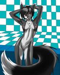  absurd_res annonymouse anthro armpits black_fox black_hair body_jewelry bra breasts canine clothing dog_tags fangs fox hair harumi_kizaku hi_res jewelry mammal nipples nude pussy red_eyes simple_background solo tongue underwear 