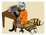  blue_hair canine chair cheetah clothed clothing collar computer eyewear feline fox glasses hair heterochromia hybrid jupiter_fox keyboard male mammal multi_tail neko_ed table 