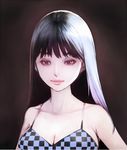 bangs black_bikini_top black_hair blue_bikini_top breasts brown_background brown_eyes checkered cleavage closed_mouth collarbone face large_breasts lips long_hair looking_at_viewer original shiny shiny_hair simple_background solo tifa18 upper_body 