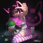  2016 backlighting bangs brown_hair condensation controller cup d.va_(overwatch) dark_background dated drinking_straw emblem facepaint facial_mark foreshortening full_body game_controller glowing headphones holding long_hair looking_at_viewer meka_(overwatch) no_shoes overwatch panties pink_eyes puddle shirt signature sitting skindentation smile solo striped striped_legwear stuffed_toy swept_bangs tank_top thighhighs underwear underwear_only v wariza whisker_markings white_panties white_shirt zhaoyebai 