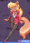  2016 anthro blonde_hair business_suit callie_briggs cat clothed clothing eyelashes eyewear feline female footwear glasses green_eyes hair hi_res kandlin legwear long_hair looking_at_viewer mammal panties patreon shoes smile solo stockings suit swat_kats underwear 