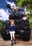  absurdres browning_m2 fury_(movie) girls_und_panzer ground_vehicle gun highres kay_(girls_und_panzer) kuromorimine_military_uniform m4_sherman machine_gun military military_uniform military_vehicle motor_vehicle multiple_girls nishizumi_maho nishizumi_miho official_art one_eye_closed ooarai_military_uniform salute saunders_military_uniform short_hair siblings sisters skirt smile tank uniform weapon 