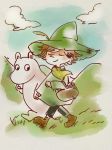  1boy arm_up basket blue_sky boots brown_footwear brown_hair closed_mouth cloud eyes_closed feathers full_body grass green_hat green_pants hat holding holding_basket k_(sktchblg) long_sleeves male_focus moomin moomintroll outdoors pants pointy_nose shoes sky smile snufkin standing sunlight walking 