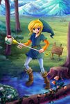  1boy belt blonde_hair boots brown_footwear bush flower full_body grass green_hat hat link log looking_at_viewer mountain outdoors phrygian_cap pointy_ears rod_of_seasons scenery sign solo standing the_legend_of_zelda the_legend_of_zelda:_oracle_of_seasons tree tree_stump tunic water 