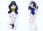  absurdres arm_above_head armpits barefoot bed_sheet black_hair black_legwear blue_swimsuit breasts brown_eyes casual_one-piece_swimsuit collarbone covered_navel dakimakura eyebrows eyebrows_visible_through_hair from_above full_body girls_und_panzer green_shirt hair_between_eyes hairband highres jacket long_hair lying military military_uniform multiple_views official_art on_back one-piece_swimsuit ooarai_military_uniform open_clothes open_jacket open_skirt pleated_skirt reizei_mako shirt skirt small_breasts socks_removed swimsuit uniform white_hairband white_skirt 