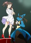  bow brown_eyes brown_hair clenched_hands crossover gen_4_pokemon hair_bow high_heels hisami_nanami holding holding_poke_ball long_hair looking_back lucario open_mouth poke_ball pokemon pokemon_(creature) ponytail red_eyes skirt umanosuke wake_up_girls! 