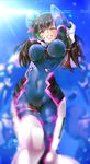  arms_behind_head bad_id bad_pixiv_id bangs blue_sky blurry bodysuit breasts brown_eyes brown_hair covered_navel cowboy_shot d.va_(overwatch) day depth_of_field facepaint facial_mark gloves grin hair_between_breasts headphones knees_together large_breasts long_hair looking_at_viewer mecha meka_(overwatch) one_eye_closed outdoors overwatch pilot_suit ryouma_(galley) skin_tight sky smile solo sunlight swept_bangs whisker_markings white_gloves 