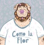  2016 anthro beard brown_hair canine clothed clothing digital_media_(artwork) dog dramamine eyes_closed facial_hair facial_piercing flower front_view fur hair half-length_portrait male mammal nose_piercing nose_ring pattern_background piercing plant portrait purple_nose septum_piercing shirt simple_background slightly_chubby smile solo spanish_text tan_fur text 