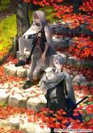  2boys aqua_eyes autumn_leaves black_gloves blonde_hair blue_eyes cape cloak gloves hand_on_hip katana male_focus multiple_boys necktie nitroplus official_art pants sheath sheathed silver_hair sitting stairs sword toichi_(ik07) torn_clothes torn_pants touken_ranbu tree weapon yamanbagiri_chougi yamanbagiri_kunihiro 