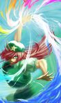  blue_eyes braid breasts chinese_clothes fighting_stance grin hair_over_one_eye hat hong_meiling koyubi_(littlefinger1988) large_breasts long_hair powering_up puffy_short_sleeves puffy_sleeves red_hair short_sleeves side_braids smile solo star touhou twin_braids 