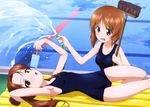  absurdres armpits bare_shoulders blush breasts broom brown_eyes brown_hair cleaning_brush collarbone copyright_name covered_navel drain_(object) empty_pool flat_chest food girls_und_panzer highres hose inflatable_raft kadotani_anzu logo lying multiple_girls nishizumi_miho official_art on_back one-piece_swimsuit pool poolside popsicle scan school_swimsuit school_uniform shiny shiny_hair summer swimsuit tongue tongue_out twintails water yoshida_nobuyoshi 
