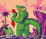  2015 anthro biceps butt cliff clothes_line clothing crocodile crocodilian detailed_background digital_media_(artwork) duo green_scales laundry long_tail looking_at_viewer looking_back male muscular muscular_male nude outside palm_tree panfrotto partially_submerged reptile scales scalie signature sky solo_focus tree water yellow_eyes 