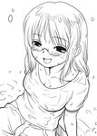  glasses greyscale monochrome original sakaki_imasato sketch smile solo wet wet_clothes 