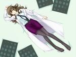  bags_under_eyes belt brown_eyes brown_hair feet kiyama_harumi labcoat long_hair lying necktie pantyhose pencil_skirt piku skirt solo to_aru_kagaku_no_railgun to_aru_majutsu_no_index 