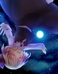  blonde_hair closed_eyes fang flying full_moon hair_ribbon highres moon night night_sky open_mouth outstretched_arms ribbon rumia short_hair sky smile solo spread_arms touhou upside-down uranaishi_(miraura) 