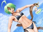  2girls :d abs afloat ahoge armpits bangs belt bikini breasts camcorder camera cloud day disgaea dutch_angle female_warrior_(disgaea) flat_chest green_eyes green_hair halterneck headband innertube large_breasts looking_away magic_knight_(disgaea) multiple_girls navel ocean one-piece_swimsuit open_mouth orange_hair outdoors outstretched_arms parted_bangs pointy_ears side-tie_bikini sky smile splashing spread_arms standing swimsuit tamazen tan tanline undressing wading water wide_hips 