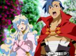  1girl blue_hair cape closed_eyes dress earrings flower game_cg happy jewelry kamina matsukaze_yukiji multicolored_hair nia_teppelin open_mouth pink_dress red_eyes ring sarashi shirtless surprised tengen_toppa_gurren_lagann two-tone_hair 