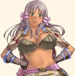  atelier_(series) atelier_totori belt bikini_top blush breasts cleavage dark_skin fura gloves green_eyes hair_ribbon hands_on_hips large_breasts long_hair mervia_siebel midriff o-ring o-ring_top open_clothes open_shirt ribbon shirt silver_hair simple_background smile solo tress_ribbon underboob 