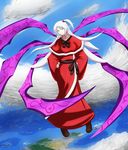  bad_id bad_pixiv_id blue_eyes capelet cloud day hair_bobbles hair_ornament hands_on_hips head_tilt highres island long_hair m55 ocean sash shinki side_ponytail sky solo touhou white_hair wings 