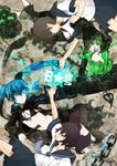  :d absurdres aco_(koaya_ako) bikini_top black_hair black_rock_shooter black_rock_shooter_(character) blue_eyes burning_eye chain coat dead_master green_eyes green_hair highres kuroi_mato long_hair midriff multiple_girls open_mouth pale_skin scar school_uniform serafuku short_hair skirt smile takanashi_yomi twintails 