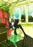  arm_support bare_shoulders cable cloud detached_sleeves green_hair guitar hatsune_miku highres instrument kawano legs long_hair room sitting skirt sky solo telecaster thighhighs twintails very_long_hair vocaloid window zettai_ryouiki 