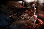  bat_wings flower hat jq purple_hair red_eyes red_flower red_rose remilia_scarlet rose short_hair solo spear_the_gungnir touhou weapon wings 