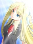  air blonde_hair blue_eyes highres jackbaron kamio_misuzu long_hair ponytail school_uniform solo 