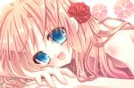 bad_id bad_pixiv_id blue_eyes flower hair_flower hair_ornament long_hair lying megurine_luka momomiya_mion open_mouth pink_hair red_flower red_rose rose smile solo vocaloid 