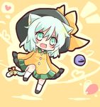  animal_ears cat_ears cat_tail chibi fang green_eyes green_hair hanuu_(kemomiku) hat heart kemonomimi_mode komeiji_koishi solo tail touhou 