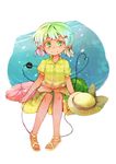  bow bubble eyebrows flower green_eyes green_hair hair_ornament hairclip hat hat_removed headwear_removed heart heart_of_string highres komeiji_koishi sacha sandals short_hair short_twintails sitting skirt smile solo symbol-shaped_pupils touhou twintails 