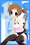 blue_eyes brown_hair casual food long_hair original ponytail popsicle solo sora_to_umi thighhighs zoom_layer 