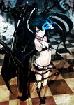  absurdres arm_cannon arms_up bikini_top black_hair black_rock_shooter black_rock_shooter_(character) blue_eyes boots burning_eye chain highres long_hair midriff mille_(dieci) navel pale_skin scar shorts solo twintails weapon 