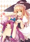  argyle argyle_background arm_on_head blonde_hair book chin_rest crescent hat heart highres holding_hands kirisame_marisa multiple_girls open_book open_mouth patchouli_knowledge purple_hair sheska_xue smile touhou witch_hat 