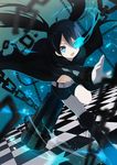  ahoge arm_cannon bad_id bad_pixiv_id bikini_top black_hair black_rock_shooter black_rock_shooter_(character) blue_eyes blue_fire chain checkered checkered_floor coat fire kitsuta long_hair perspective scar shorts solo star twintails weapon 