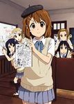  akiyama_mio brown_eyes brown_hair ebibaachan face hat highres hirasawa_yui k-on! kotobuki_tsumugi multiple_girls nakano_azusa pose protractor ruler school_uniform scissors short_hair tainaka_ritsu whiteboard 