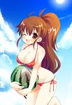  ball beachball bikini blush breasts brown_eyes brown_hair cleavage cloud day inugahora_an large_breasts long_hair one_eye_closed open_mouth ponytail side-tie_bikini sky smile solo swimsuit taneshima_popura very_long_hair watermelon_beachball working!! 