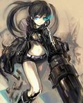  arm_cannon bikini_top black_hair black_rock_shooter black_rock_shooter_(character) blue_eyes burning_eye chain coat conjaku long_hair midriff scar shorts solo twintails very_long_hair weapon 